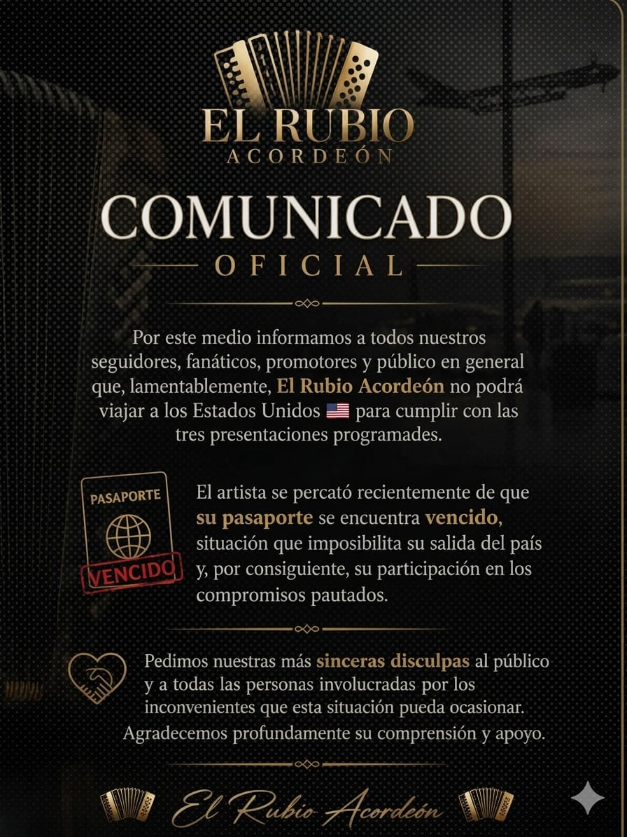 Ultima Hora: El Rubio del Acordeón suspende 3 presentaciones en Estados Unidos por inconveniente con su pasaporte